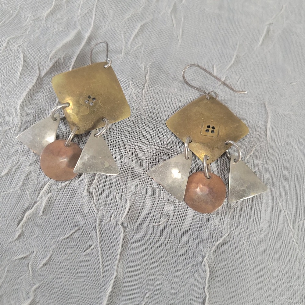 AH Tri-Tone Dangle Earrings Geometric Handmade Boho Mixed Metal Jewlery